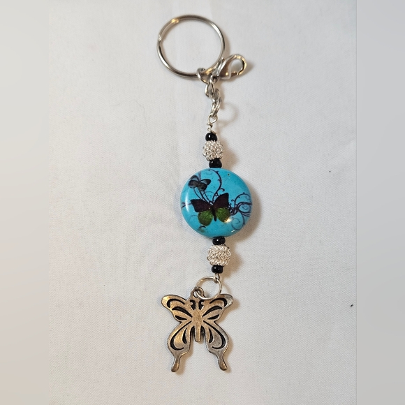 Handmade Butterfly Charm Keychain - Turquoise & Silver Beaded Key Fob - Picture 2 of 3